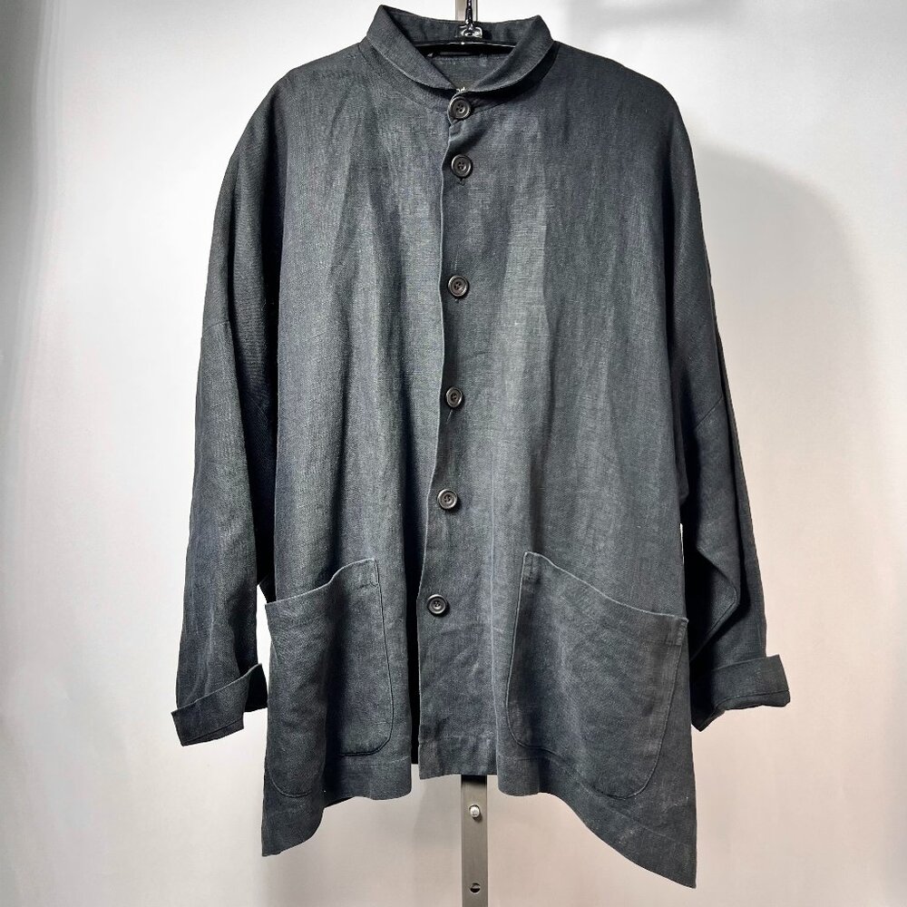 VTG ESKANDAR Navy Blue Linen Button Front Shirt with Club Collar Sz 0 England